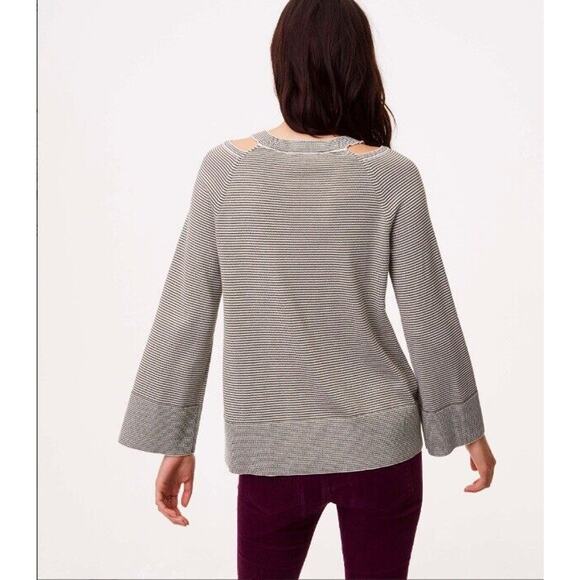 LOFT Striped Cutout Swing Sweater Gray White Flared Sleeves Ribbed Womens Medium - Picture 10 of 11